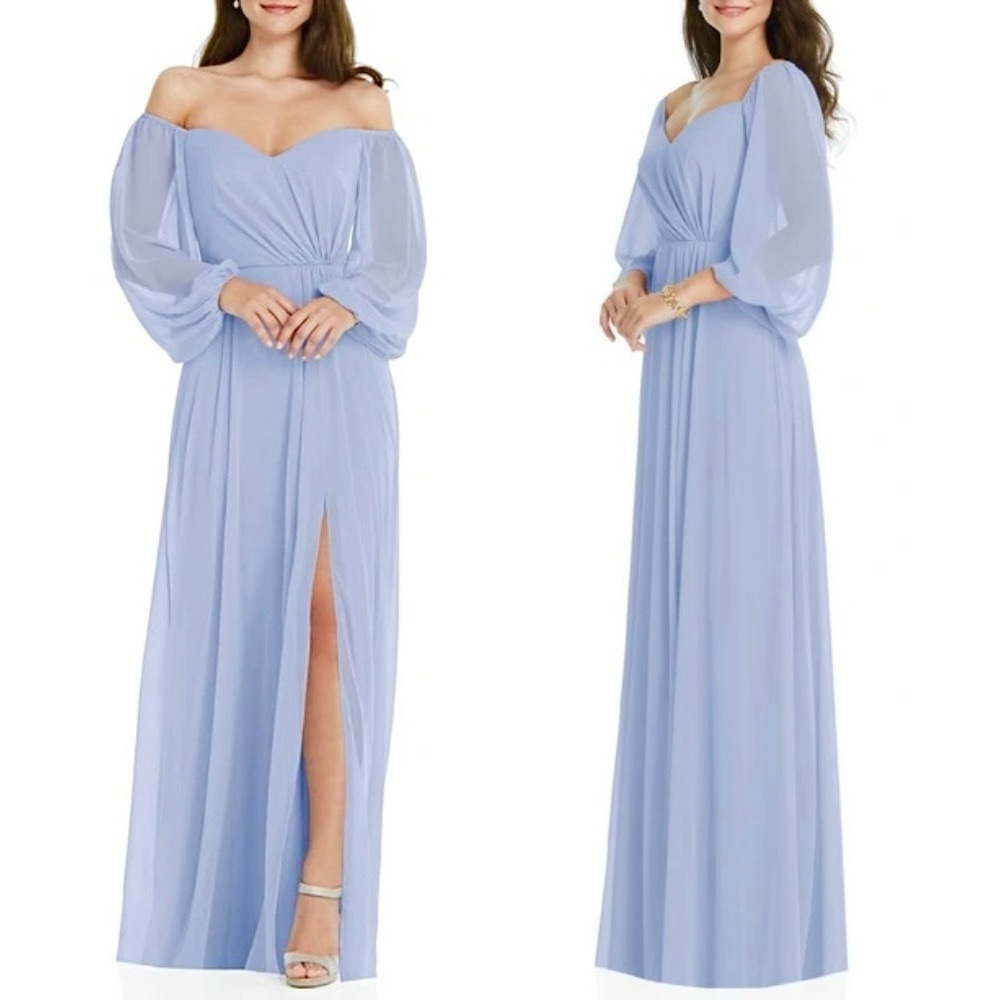 Dessy Collection Sky Blue Off-Shoulder Gown